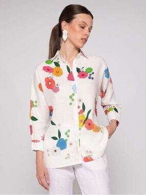 VILAGALLO Women’s 100% Linen Luisa ButtonDown Floral Bloom Shirt LIKE NEW M
